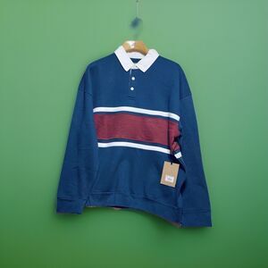 NWT Broken Threads Men’s Rugby Long Sleeve  Shirt Navy/Maroon/White Sz Lg #0059